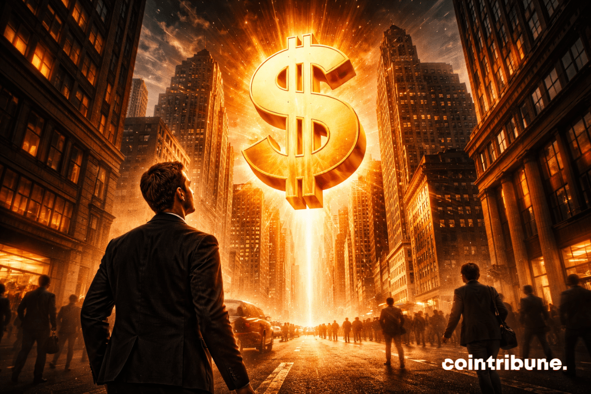 Un immense symbole dollar lumineux domine les immeubles sous le regard d’un trader de Wall Street.