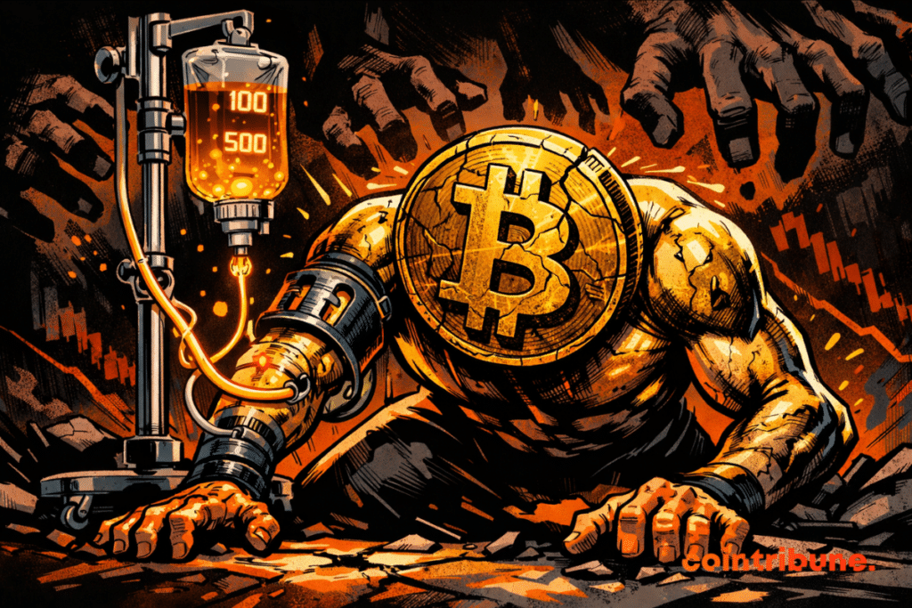 Illustration d’un Bitcoin affaibli sous pression, relié à une perfusion, symbolisant la dépendance du marché aux flux ETF.