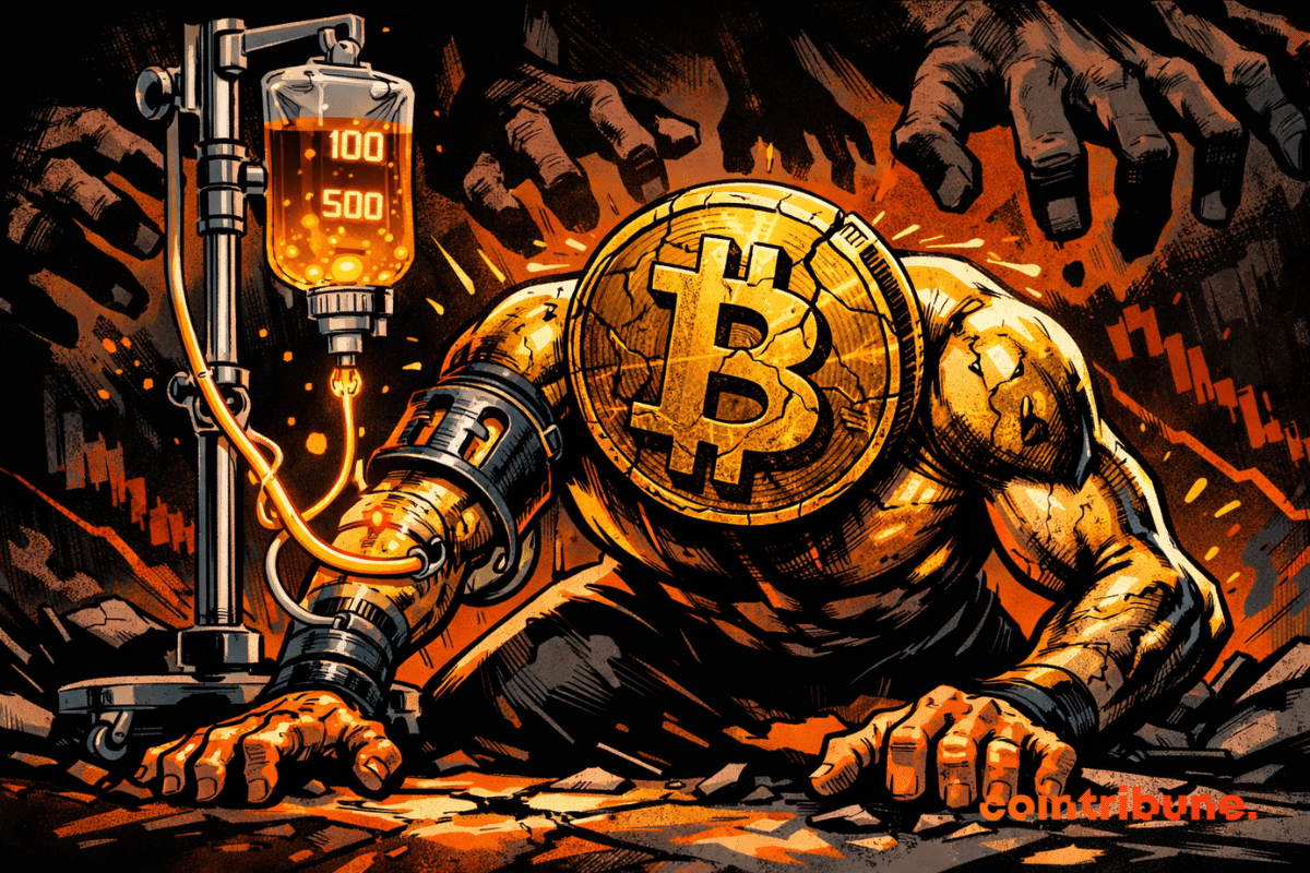 Illustration of a weakened Bitcoin under pressure, connected to an IV drip, symbolizing the market’s dependence on ETFs flows.