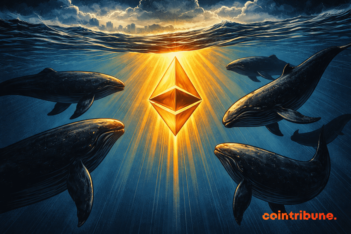 A glowing Ethereum symbol draws large whales into the depths, while a storm rages violently on the surface above