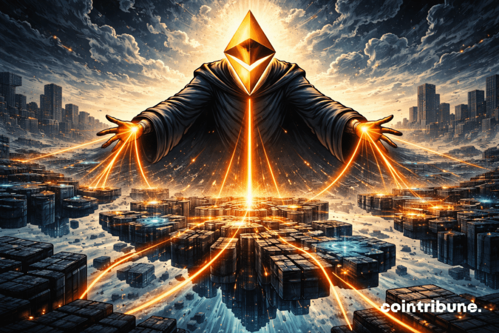 Une figure Ethereum domine, rassemblant des blocs dispersés grâce à une énergie lumineuse, transformant un chaos fragmenté en structure organisée cohérente