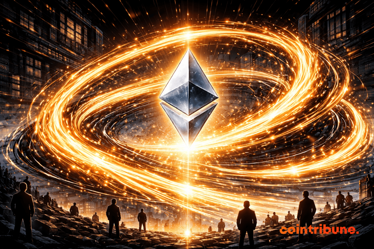 In an abstract crypto exchange setting, Ethereum floats at the center of a massive liquidity cycle being rebuilt. Financial flows return to it in the form of ribbons, rings, rails, or luminous waves orbiting the central core. The scene should evoke a clean, methodical, and credible recovery, as if the market were once again feeding Ethereum in a new phase.