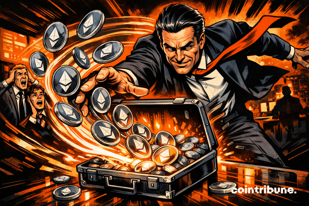 Homme d’affaires aspirant la crypto ETH dans une mallette.