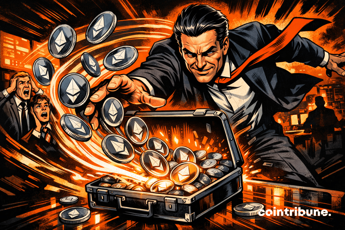 Homme d’affaires aspirant la crypto ETH dans une mallette.