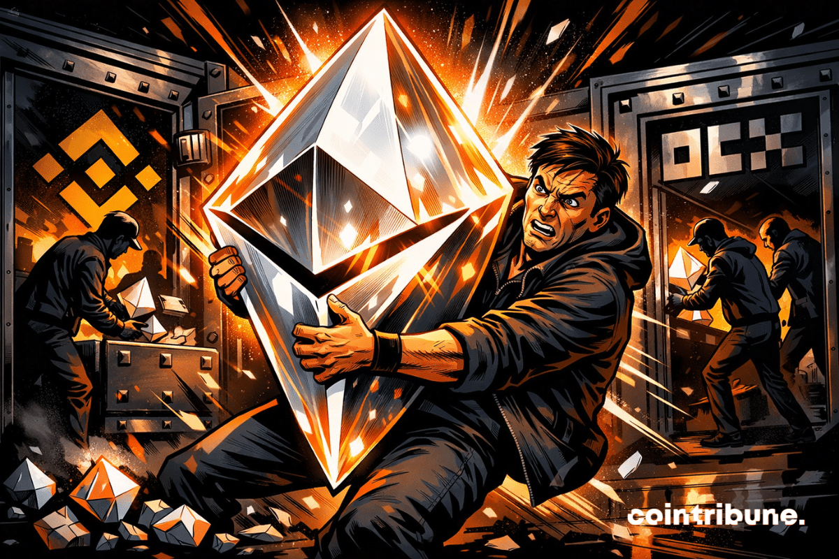 A man pulling a huge glowing Ethereum crypto crystal out of a vault.