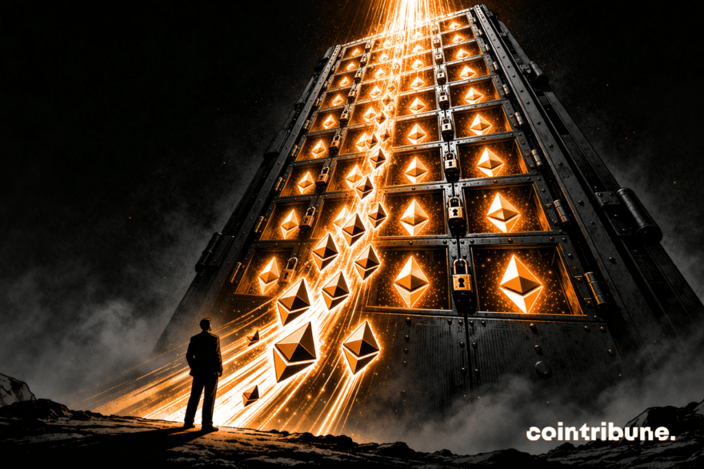 Hundreds of Ethereum symbols rise and lock into closed compartments under a trader’s watch, symbolizing the supply contraction caused by staking.