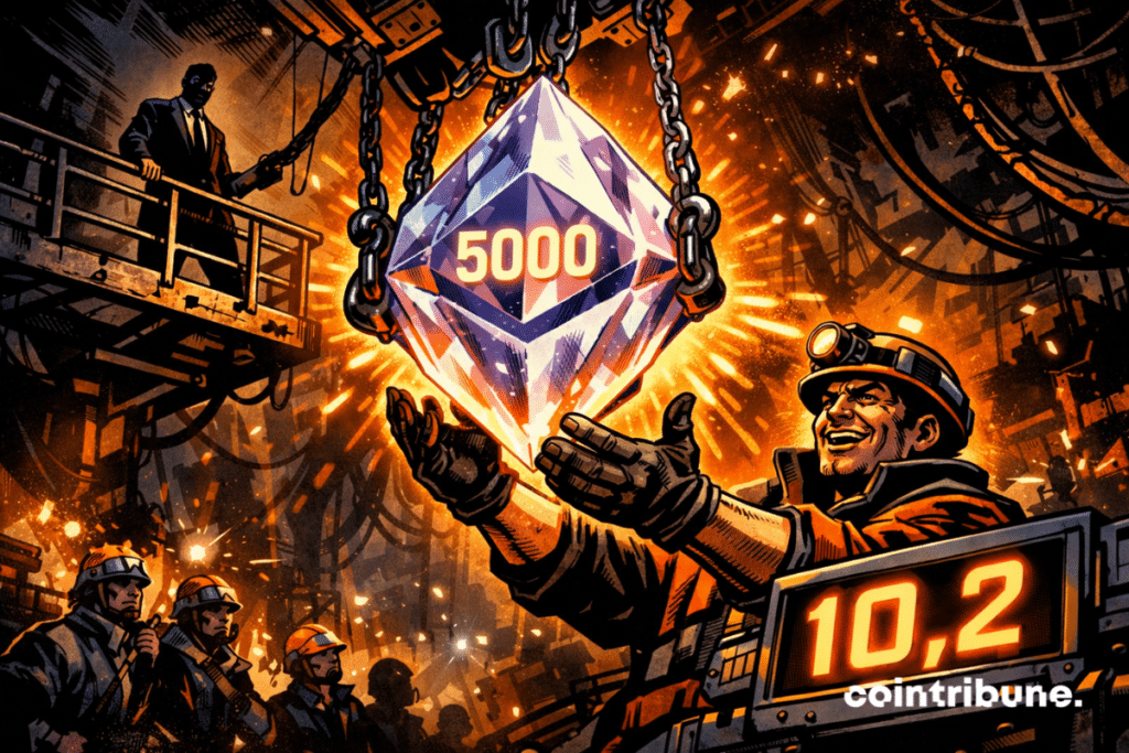 A miner receives a massive Ethereum crystal suspended in a futuristic mine.