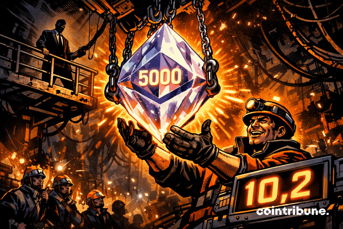 Un mineur reçoit un immense cristal Ethereum suspendu dans une mine futuriste.