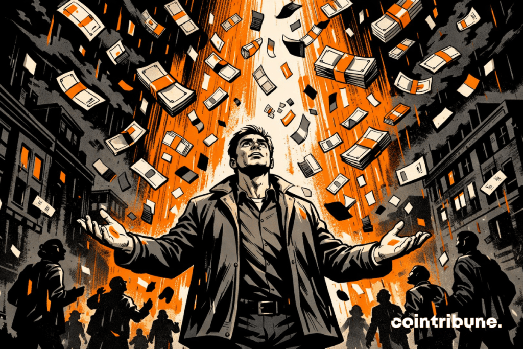 Un créancier générique se tient debout au centre, légèrement en avant, bras ouverts dans un geste de réception ou de surprise mesurée. Une pluie dense d’éléments visuels évoque une restitution financière, ce qui symbolise le remboursement des créanciers par FTX.