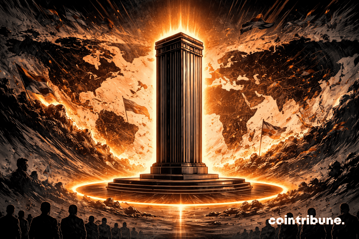 Dans un décor abstrait mêlant finance mondiale et géopolitique, une grande colonne, plateforme ou structure monétaire centrale reste parfaitement immobile. Autour d’elle, une carte du monde, fragmentée semble se fissurer, se tordre ou s’agiter sous forme de vagues sombres, de tensions périphériques, de lignes de fracture et de masses instables, ce qui symbolise les tensions évoquées par la Fed et le maintien des taux.