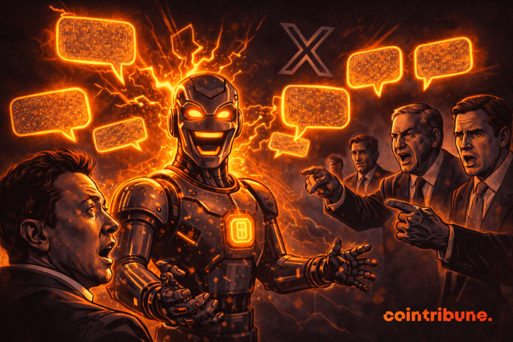 Robot Grok laughs in the center, digital lightning bolts shoot out, Elon Musk is stunned, furious leaders point at the AI, symbol X floats behind.