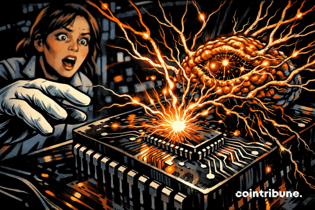 Des neurones humains s’embrasent au contact d’une puce IA dans un laboratoire sous tension.