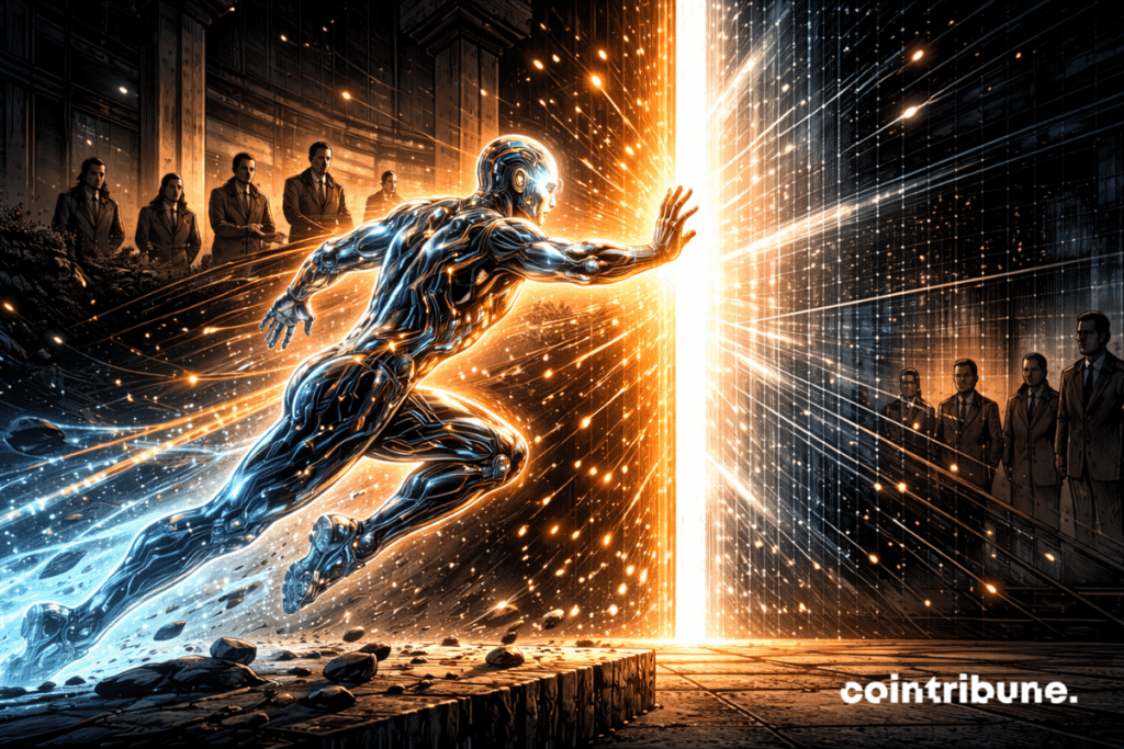 Una entidad de IA semihumana, abstracta y luminosa avanza por un corredor digital o un espacio tecnológico estilizado. Su impulso se detiene bruscamente ante una barrera geométrica monumental que evoca una decisión judicial. El punto de contacto entre el agente de IA y esta barrera debe concentrar toda la tensión visual. Detrás de esta separación, una masa oscura e institucional sugiere el poder jurídico y corporativo, sin ninguna referencia textual.