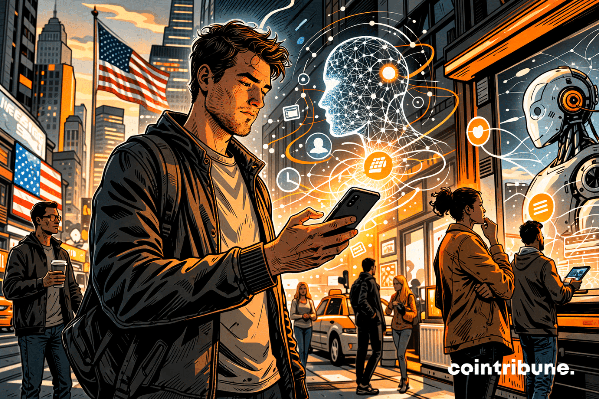 Un citoyen américain ordinaire utilise un smartphone ou une borne numérique avancée dans une rue contemporaine. Autour de l’appareil, une présence visuelle abstraite évoquant l’IA apparaît sous forme de halo, de lignes géométriques ou de flux lumineux subtils. Le personnage s’en sert réellement, mais conserve une légère distance corporelle, comme s’il adoptait l’outil sans lui faire entièrement confiance.