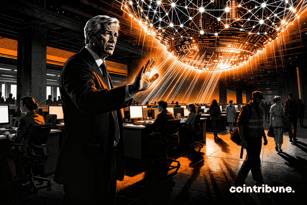 Dans un grand open space moderne, un dirigeant lance une alerte. Une immense interface lumineuse ou structure algorithmique domine le bureau et projette sa lumière sur les postes de travail, ce qui symbolise l’alerte de Jamie Dimon sur l’IA.