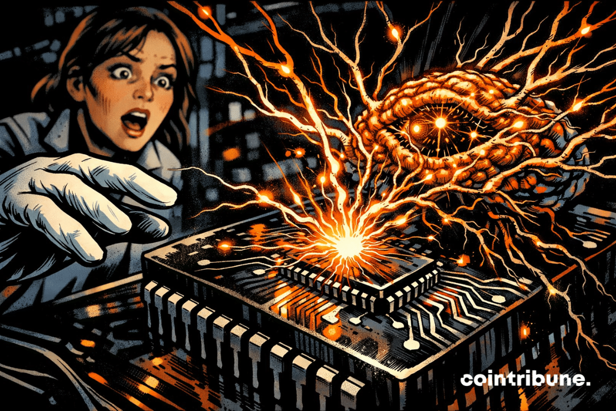 Des neurones humains s’embrasent au contact d’une puce IA dans un laboratoire sous tension.