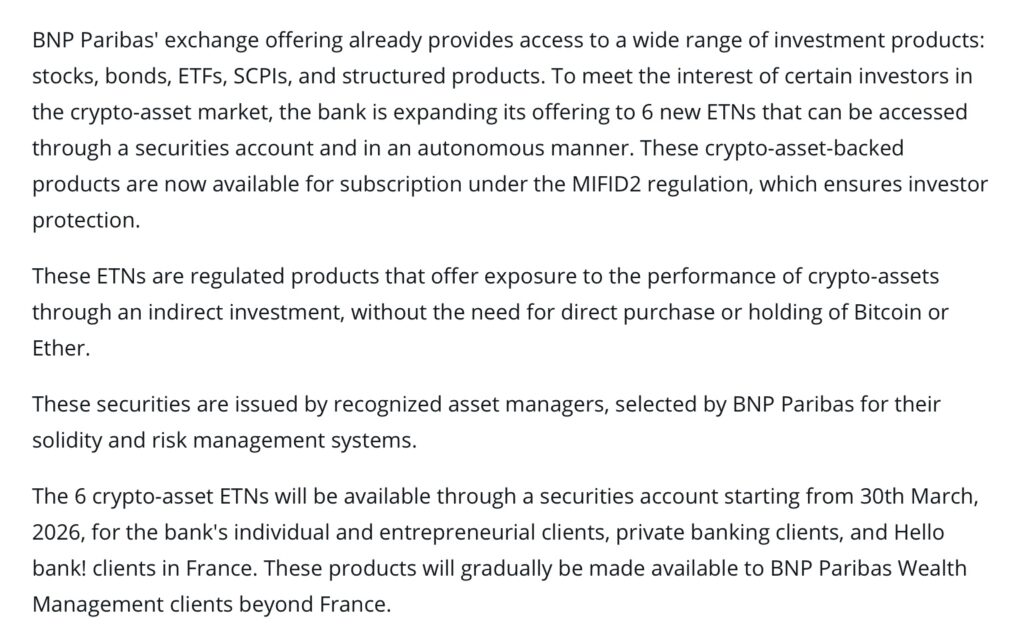 BNP Paribas offers 6 Bitcoin and Ether ETNs available from March 30, 2026 for its clients in France, including entrepreneurs and Hello bank users.