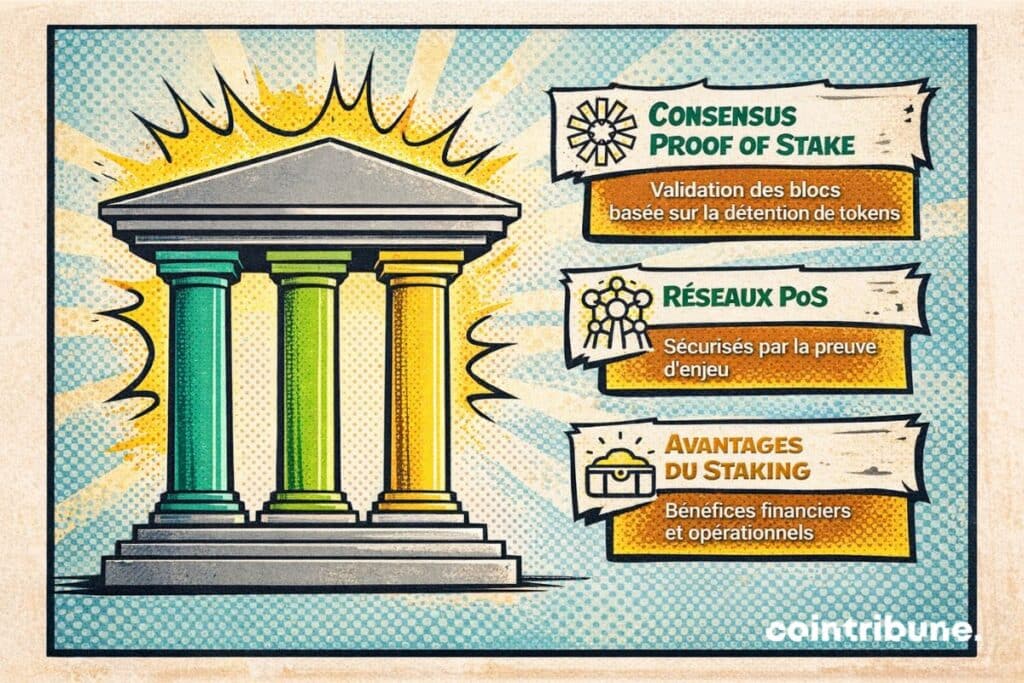 Consensus Proof of Stake, réseaux PoS et avantages du staking en cryptomonnaie.
