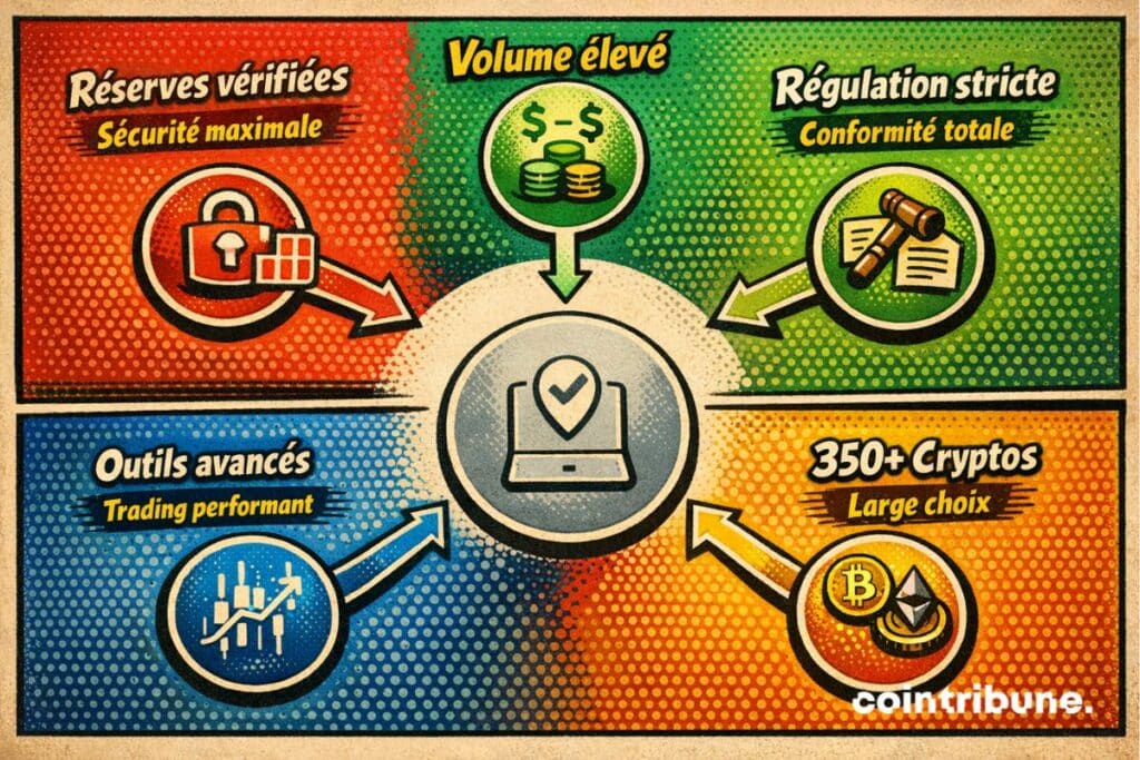 Ensemble des éléments offrant une assurance quant à la fiabilit de l'exchange crypto.