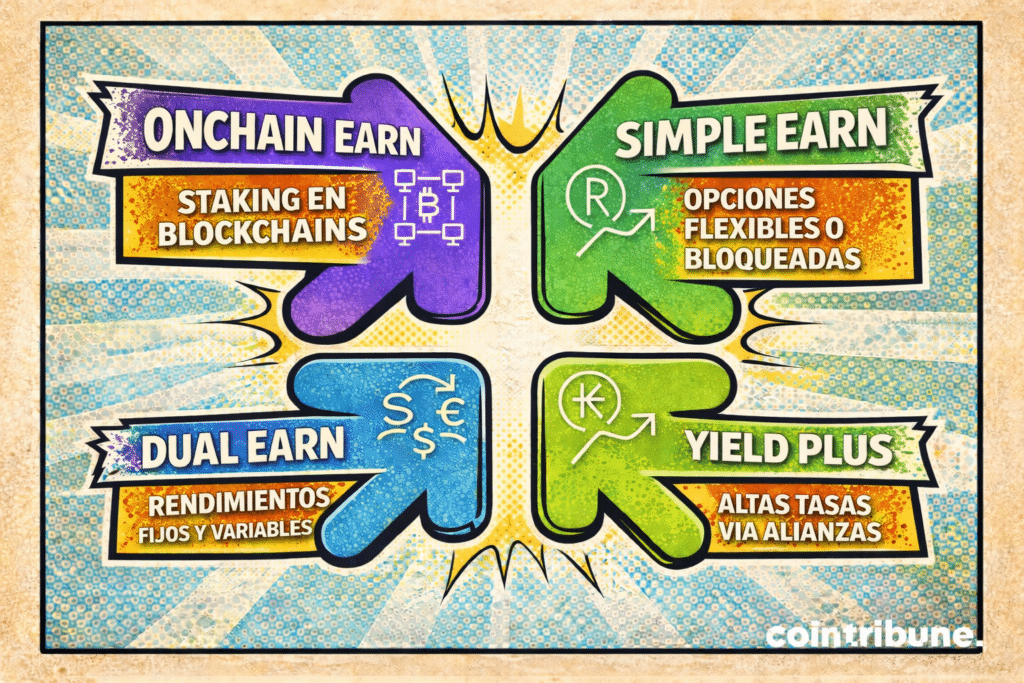 Productos cripto Earn: Onchain Earn, staking flexible, Dual Earn y Yield Plus para generar rendimientos.