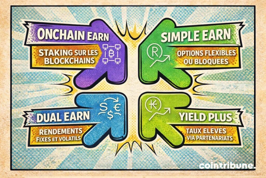 Produits crypto Earn : Onchain Earn, staking flexible, Dual Earn et Yield Plus pour générer des rendements.