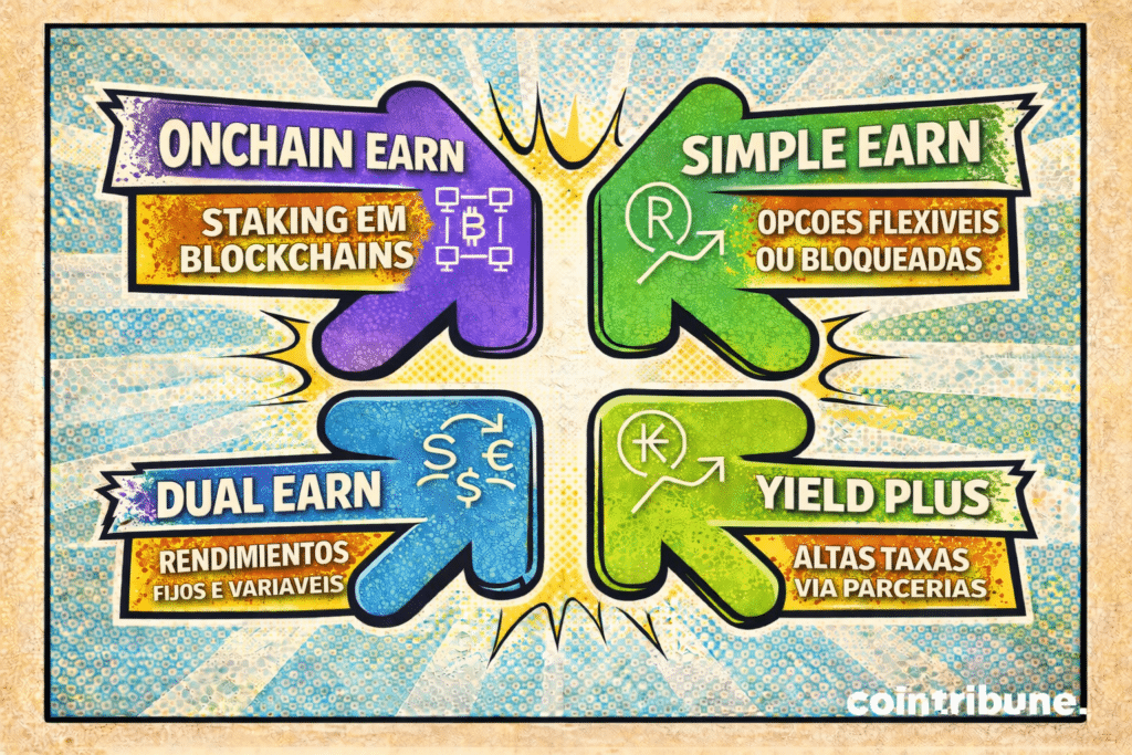 Produtos cripto Earn: Onchain Earn, staking flexível, Dual Earn e Yield Plus para gerar rendimentos.