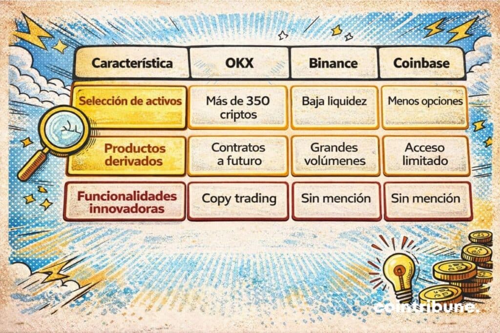 Vista comparativa de las fortalezas y limitaciones de los exchanges OKX, Binance y Coinbase