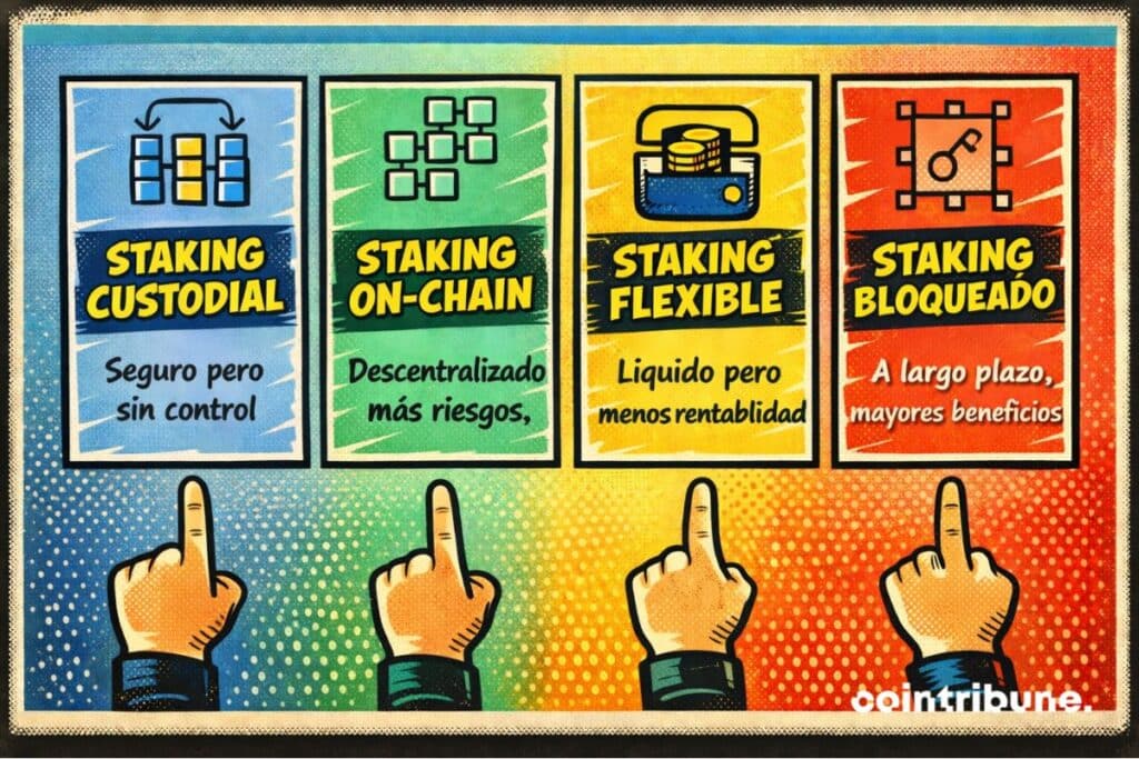 Resumen de las diferentes opciones de staking con sus ventajas y limitaciones.