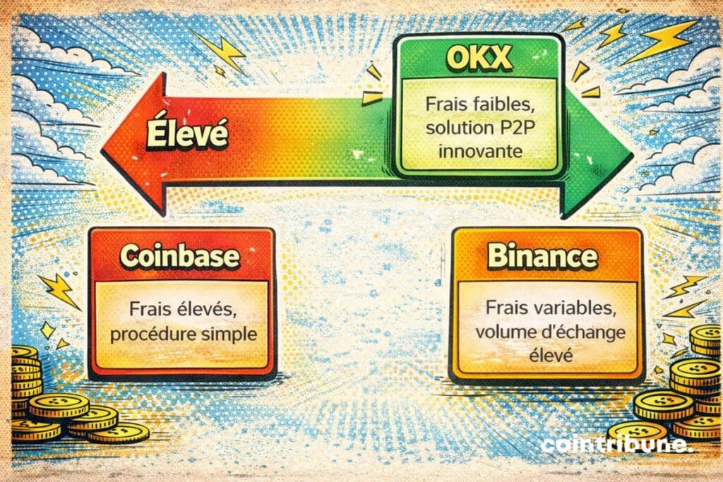 Mini-comparatif entre trois exchanges crypto, notamment OKX, Binance et Coinbase en termes de frais, de volume d'échange et d'innovation.