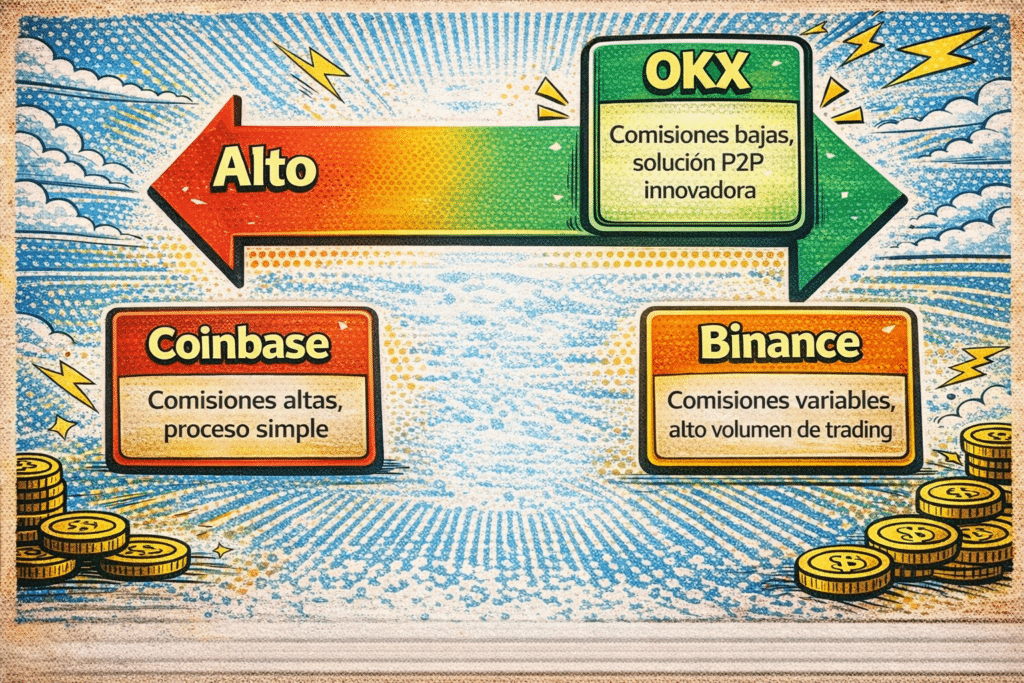 Mini-comparativo entre tres exchanges cripto, incluyendo OKX, Binance y Coinbase en términos de comisiones, volumen de intercambio e innovación.