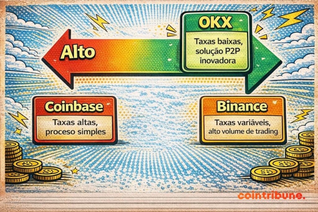 Mini-comparativo entre três exchanges de cripto, especialmente OKX, Binance e Coinbase em termos de taxas, volume de troca e inovação.