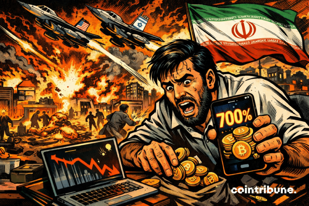 Illustration showing a panicked man handling Bitcoin coins while explosions strike a city in the background, with American and Israeli military aircraft and a phone displaying +700%. A dramatic scene evoking the sudden surge in cryptocurrency withdrawals in Iran.