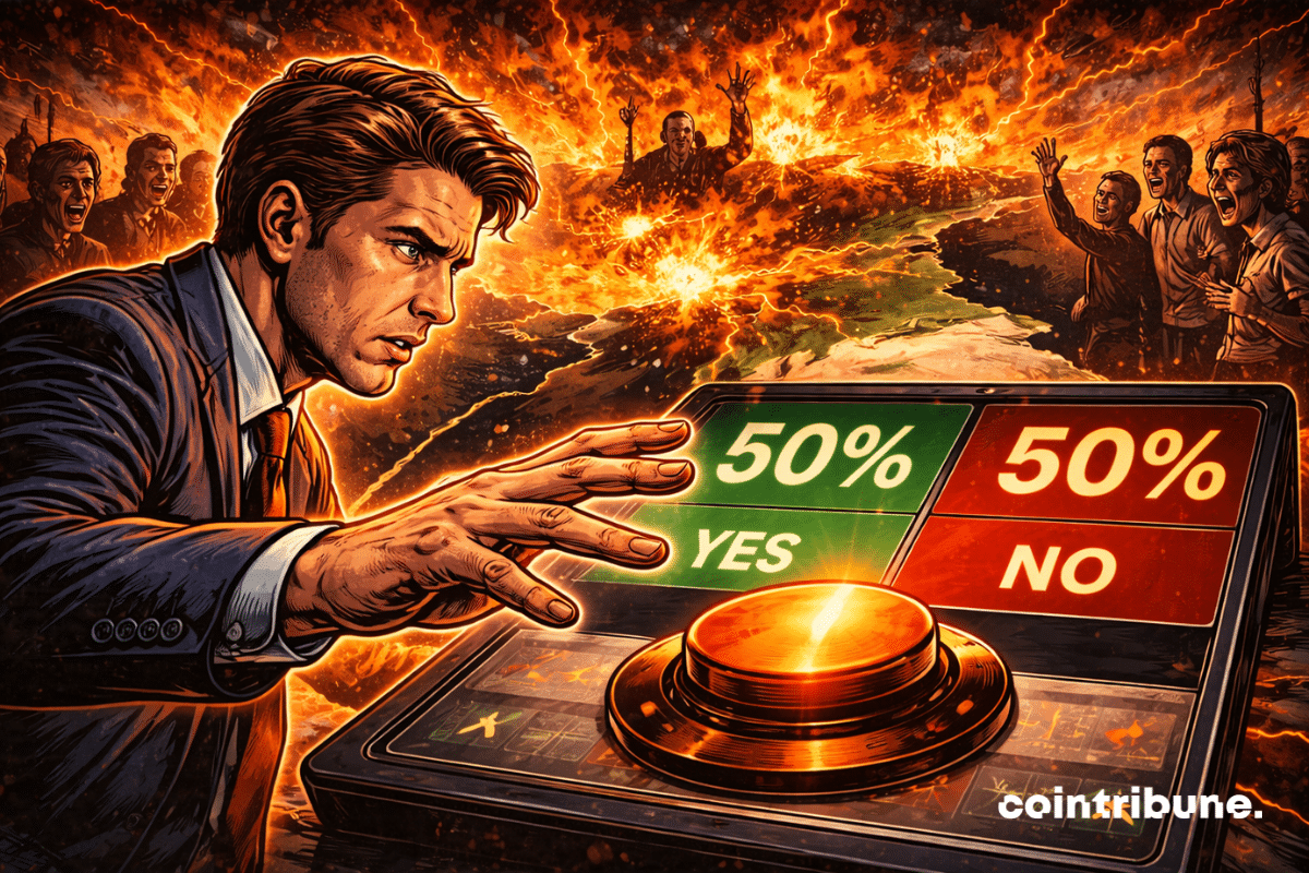 Fondateur hésite devant bouton lumineux, écran affiche 50% contre 50%, foule divisée crie, carte en flammes derrière lui.