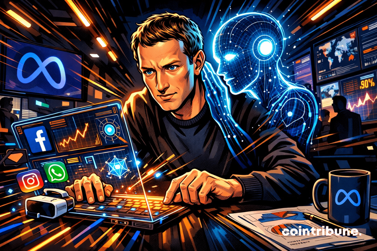 Zuckerberg face à une IA holographique dans une salle de contrôle.