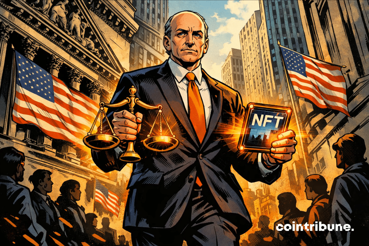 Illustration d’un régulateur américain tenant une balance de justice et un écran NFT, symbolisant la régulation des actifs numériques aux États-Unis.