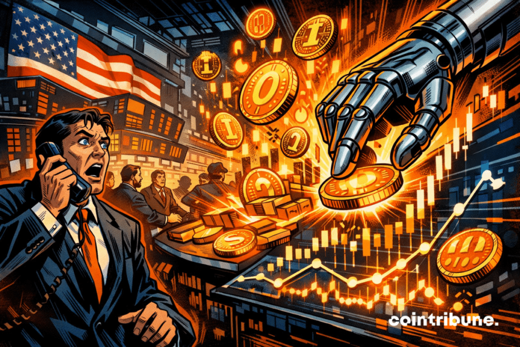 Ilustración estilo cómic que representa la tokenización de los mercados con monedas cripto y gráficos financieros en Wall Street, simbolizando la asociación entre Nasdaq y Payward para conectar las finanzas tradicionales con la blockchain.