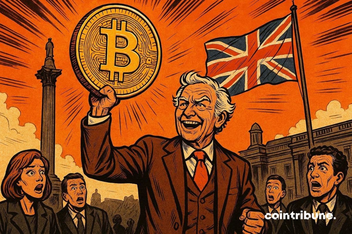 Nigel Farage qui s'affiche fièrement avec une grosse pièce de bitcoin.