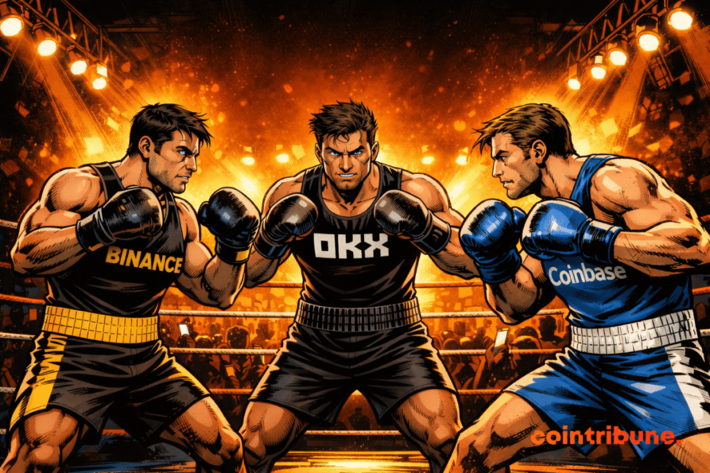 Tres boxeadores que representan a OKX, Binance y Coinbase se enfrentan en un ring simbolizando la competencia entre los principales exchanges de criptomonedas.