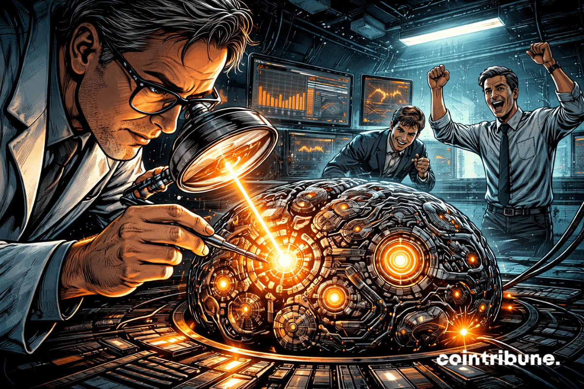 In a watchmaker’s workshop, a technician adjusts a mechanism resembling a circuit-brain. A magnifying glass casts an orange light onto a tiny component that “clicks” into place, symbolizing the update carried out by OpenAI on ChatGPT.