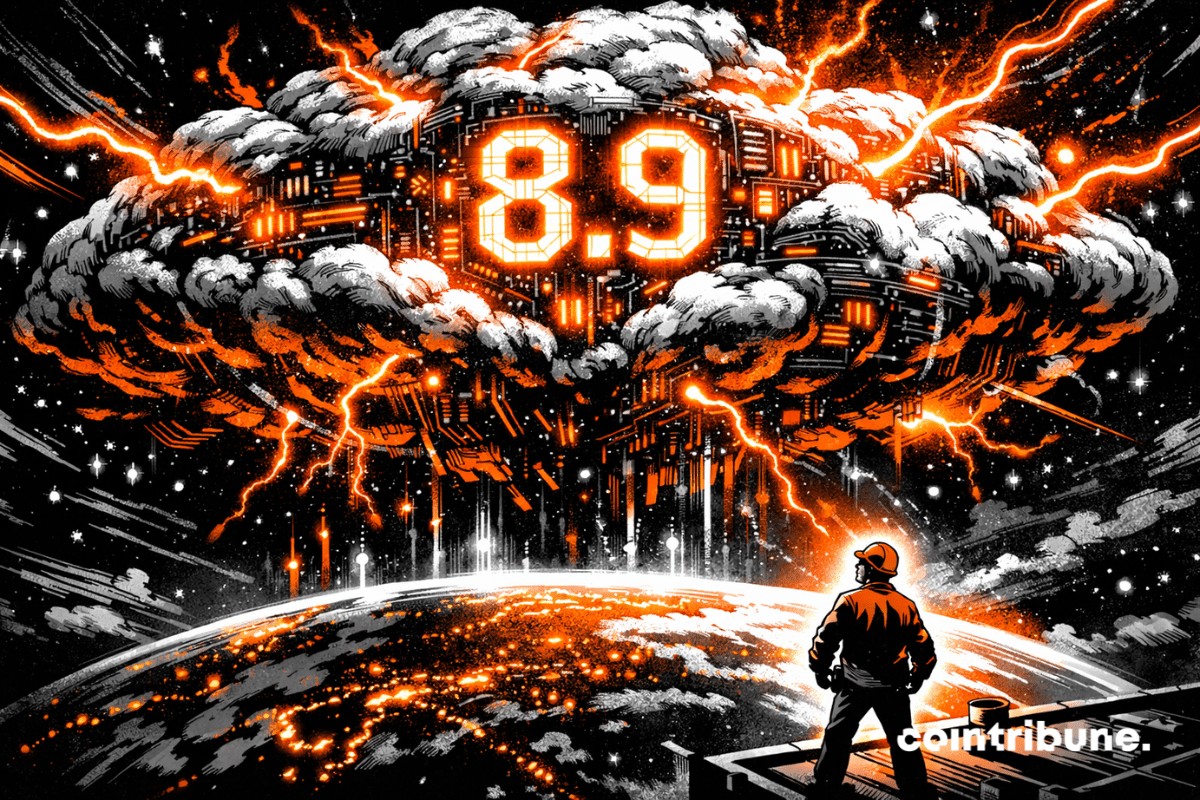 Illustration futuriste représentant le cloud d’Oracle affichant 8,9 milliards, symbole de la forte croissance des revenus cloud et des infrastructures numériques.