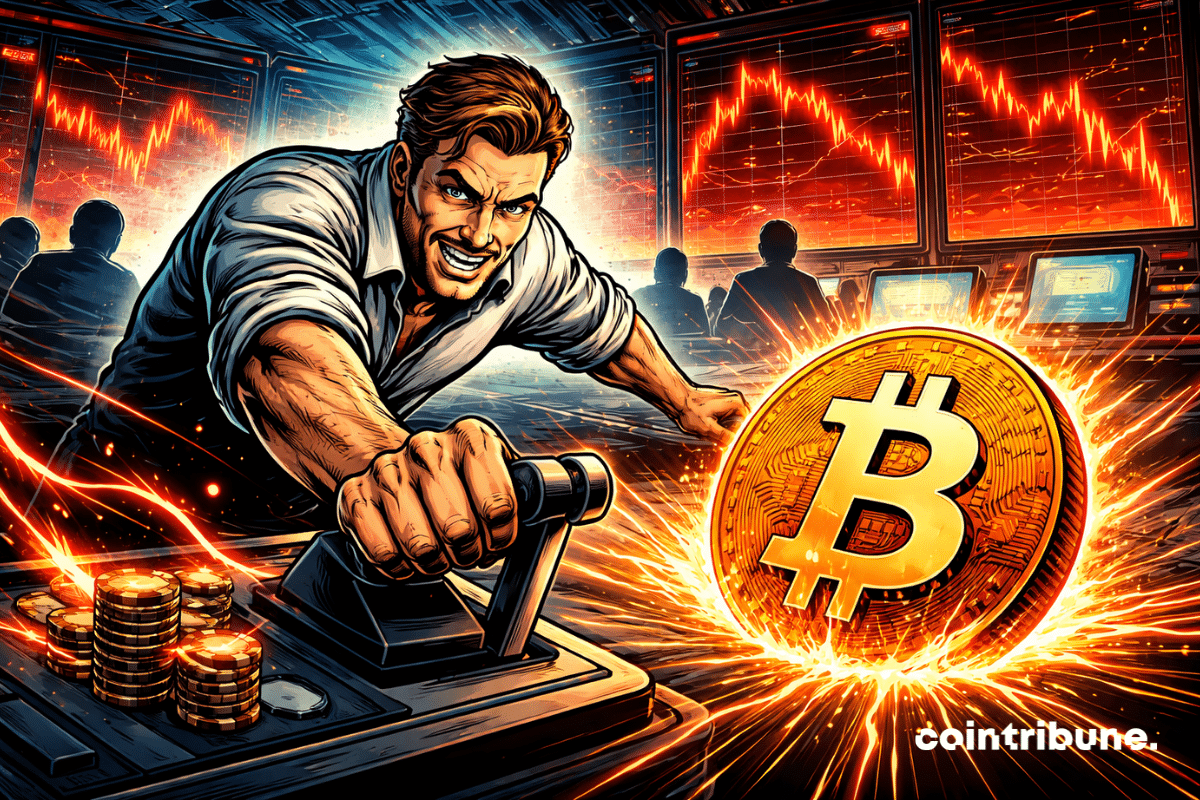 Un trader déterminé actionne un levier, attaquant violemment Bitcoin qui explose sous pression, tandis que des écrans montrent une chute brutale du marché