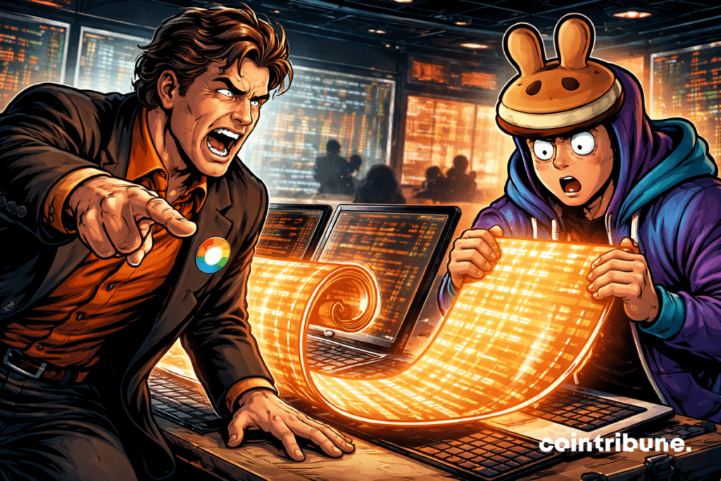 Two characters face off around glowing crypto code in a tech office.
