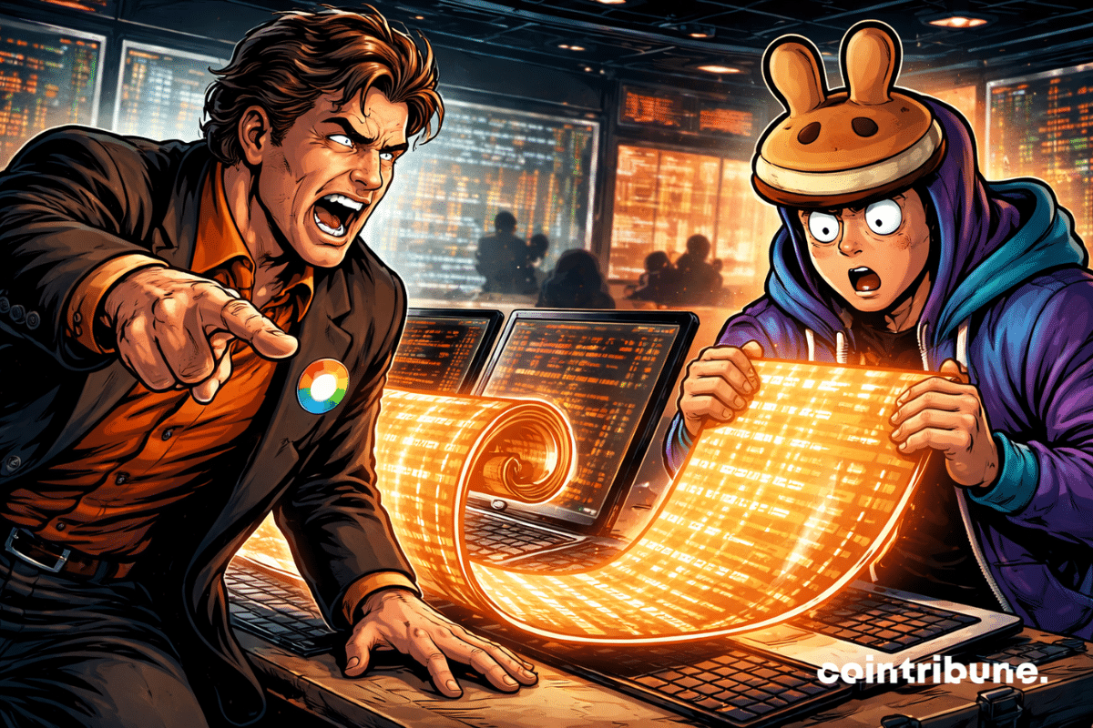 Two characters face off around glowing crypto code in a tech office.