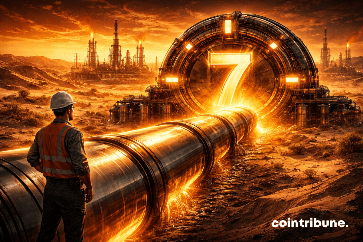 Un oléoduc gigantesque traverse le désert de l’Arabie Saoudite et franchit une énorme valve lumineuse marquant un seuil, avec le chiffre 7 intégré dans la structure.