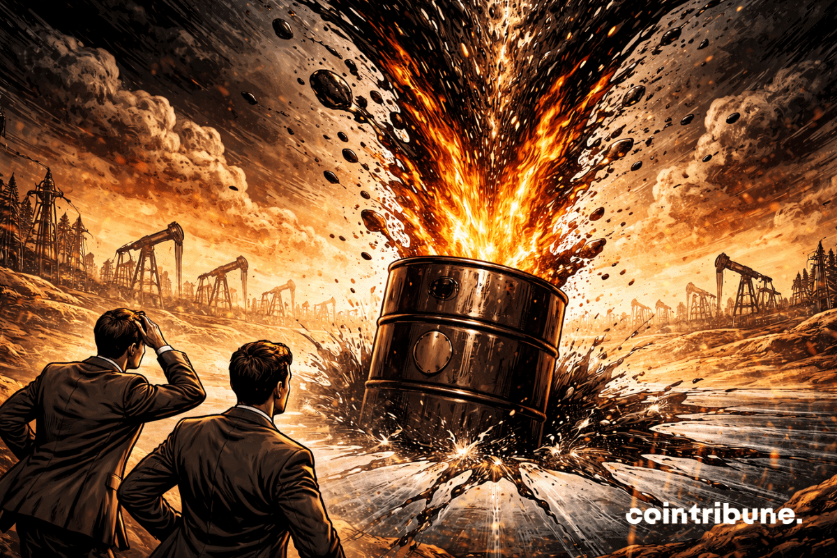 A giant cracked oil barrel is erupting, spewing a geyser of black oil mixed with orange flames. Two analysts in the foreground watch the scene, symbolizing the price surge caused by the escalation in Iran.