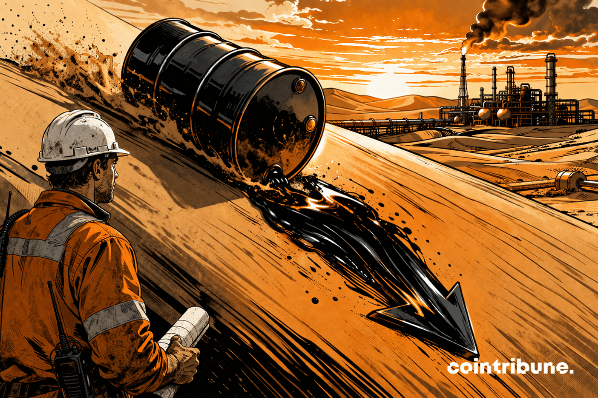 Em um deserto no Oriente Médio, um enorme barril de petróleo se inclina e desce uma duna sob o olhar de um engenheiro de petróleo.