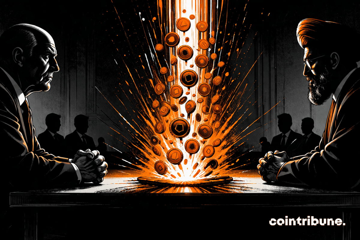 Deux diplomates négocient un cessez-le-feu. Entre eux, une explosion de jetons monte verticalement, ce qui symbolise les paris sur Polymarket.