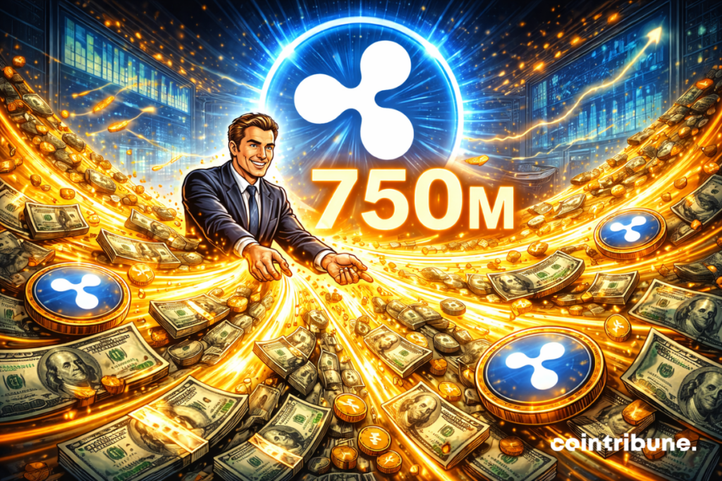 CEO attracts massive influx of cash and Ripple tokens, giant logo shines behind him, number 750M symbolizes spectacular buyback.