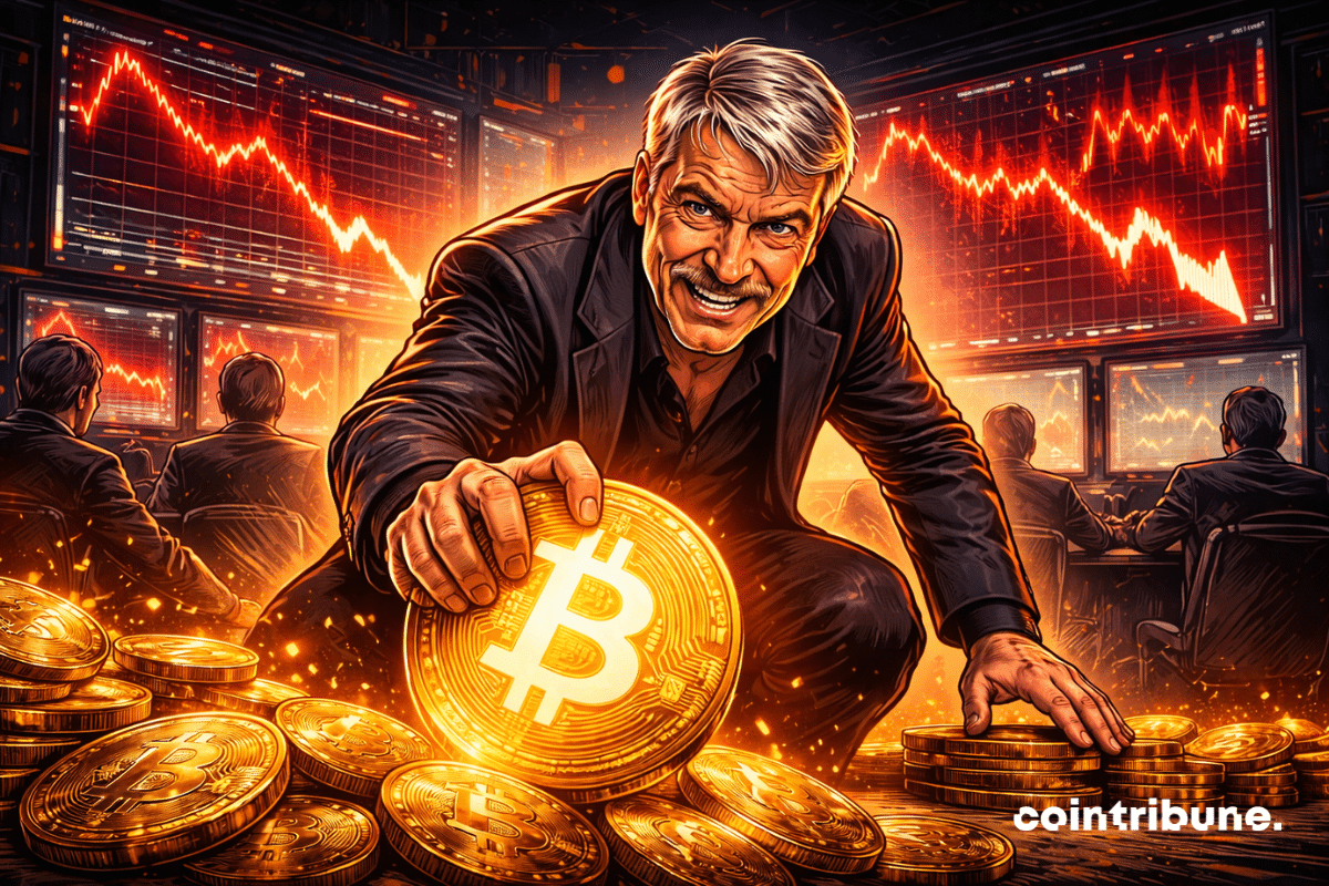 Michael Saylor grabs a glowing Bitcoin while screens behind him show a falling market, determined to buy despite the decline.