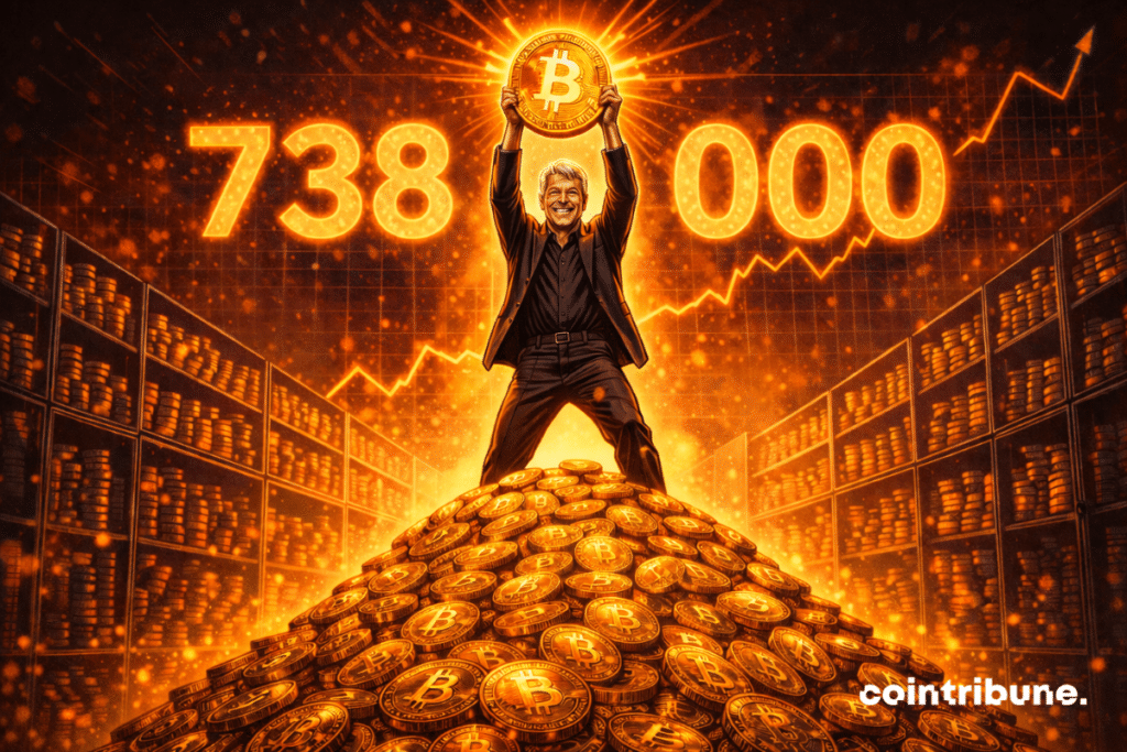 Michael Saylor triumphs over a gigantic mountain of bitcoins, brandishing a glowing coin, while 738,000 shine behind him.